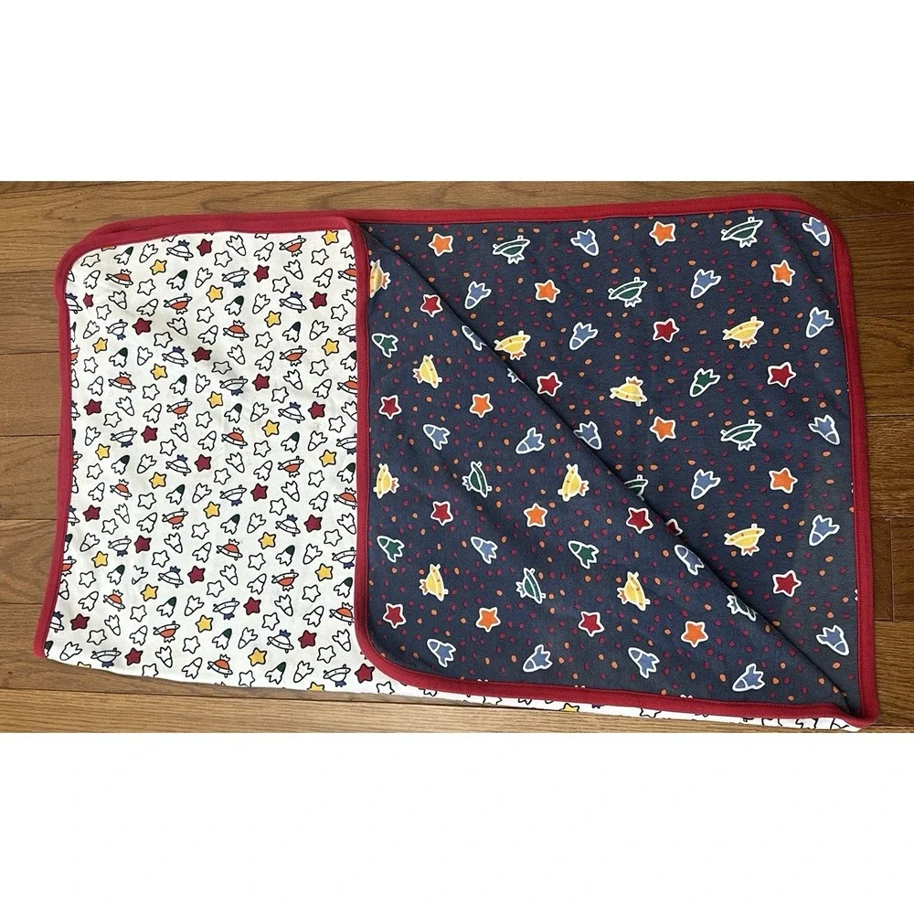 Vintage Gymboree Space Rocket Stars Baby Blanket Navy Red Reversible 30x34